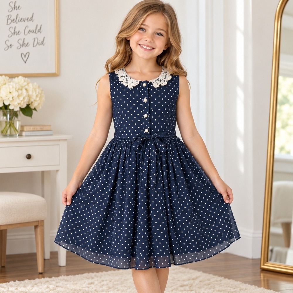 Blueberi Boulevard Girls Dress Size 10 Navy Polka Dot Lace Collar Sleeveless